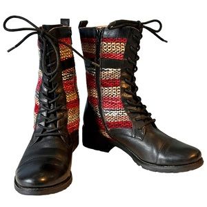 Sofft Black Leather Combat Style Boots Colorful Woven Shaft Lace Up Size 8.5